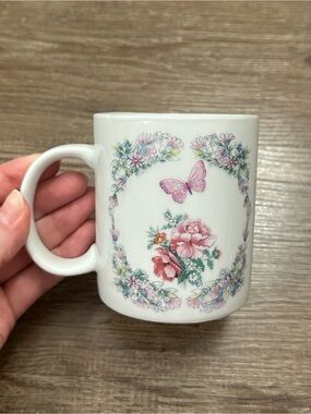 Vintage White Floral Butterfly Ceramic Coffee Mug with Pink Accents
